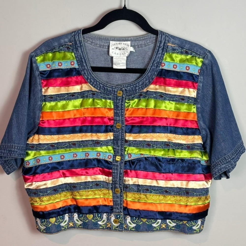 VTG Country Wear Casuals Womens multicolor Duck embroidered 90s crop denim top L